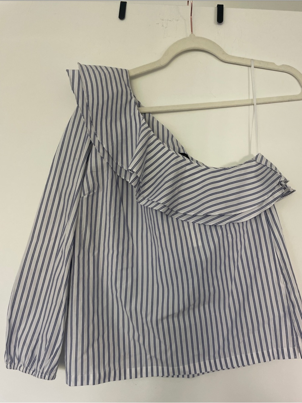 J. Crew White Blouse with Navy Stripes One-Shoulder Ruffle